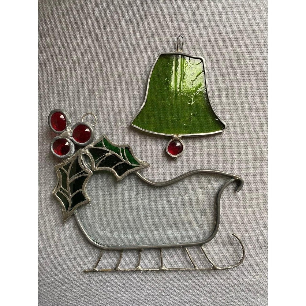 Stained Glass Sleigh & Bell Lot Of Two Handmade SKU25
